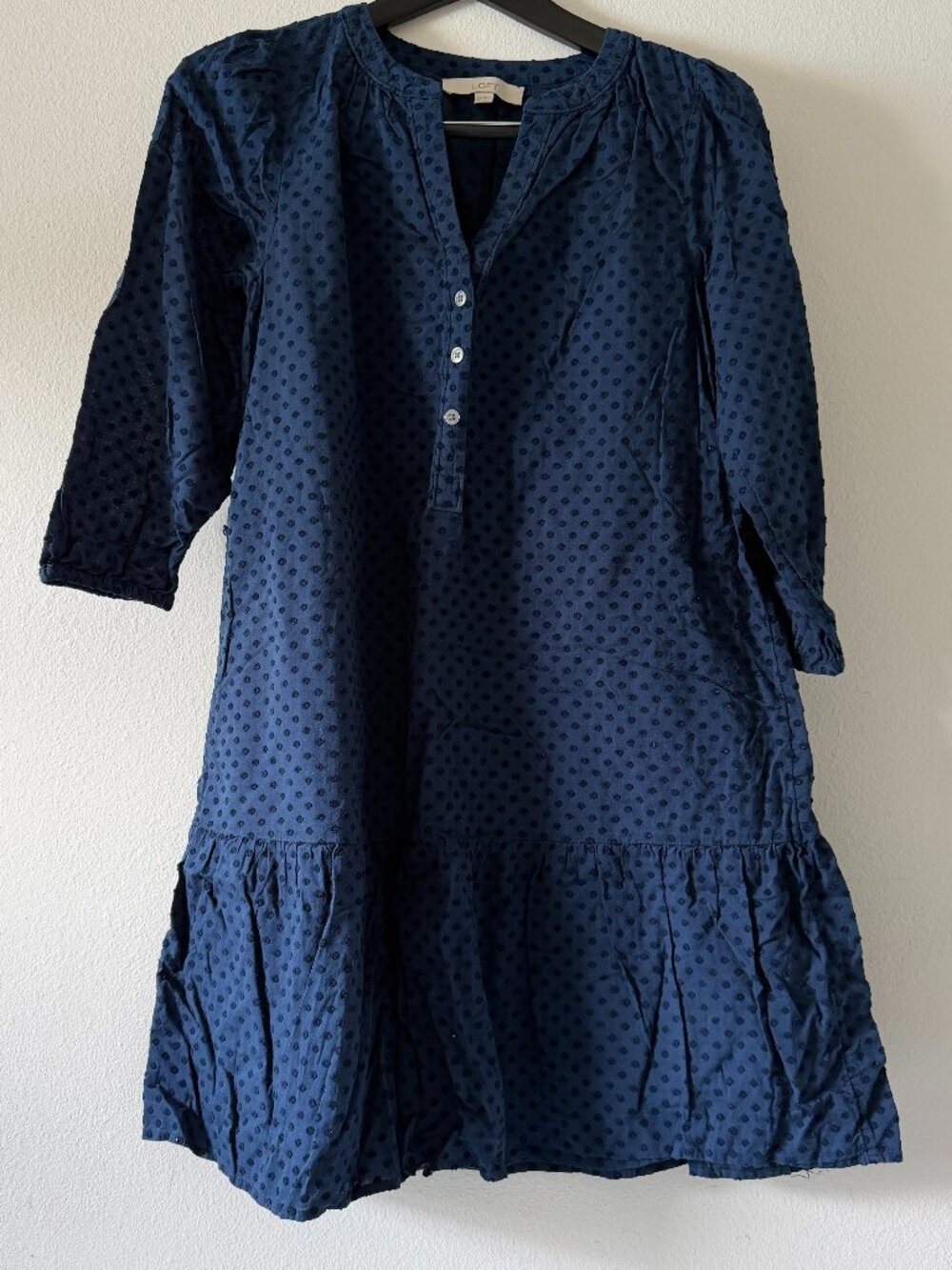 LOFT Navy Swiss Dot Cotton Dress XS Women's 3/4 Sleeve Tiered Shift Mini Dress